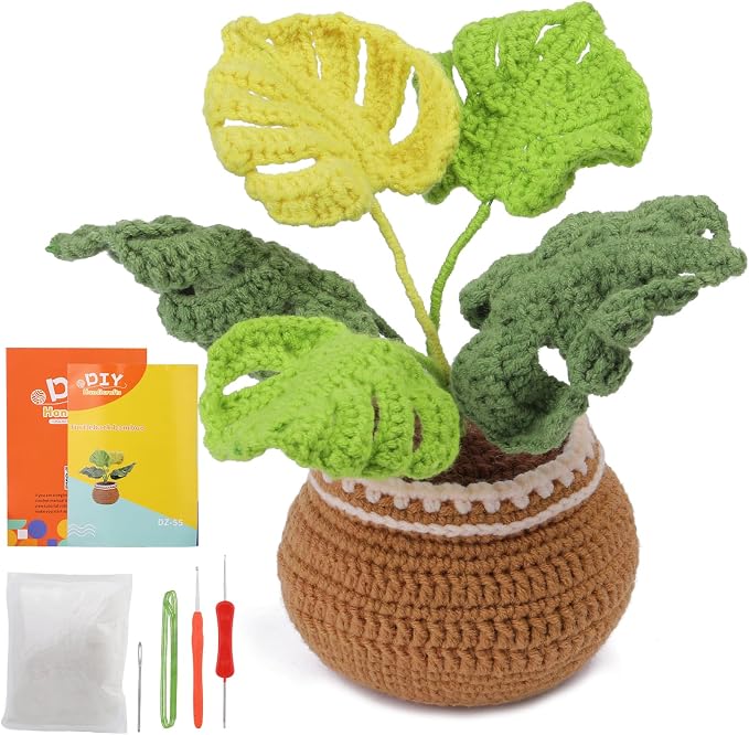 kgxulr Crochet Kit, Monstera Leaves Knitting Kit, Crochet Kit for Beginners | Crochet Kit for Beginners, Crochet Flower Kit, Beginner Crochet Kit for Adults with Step-by-Step Video Tutorials