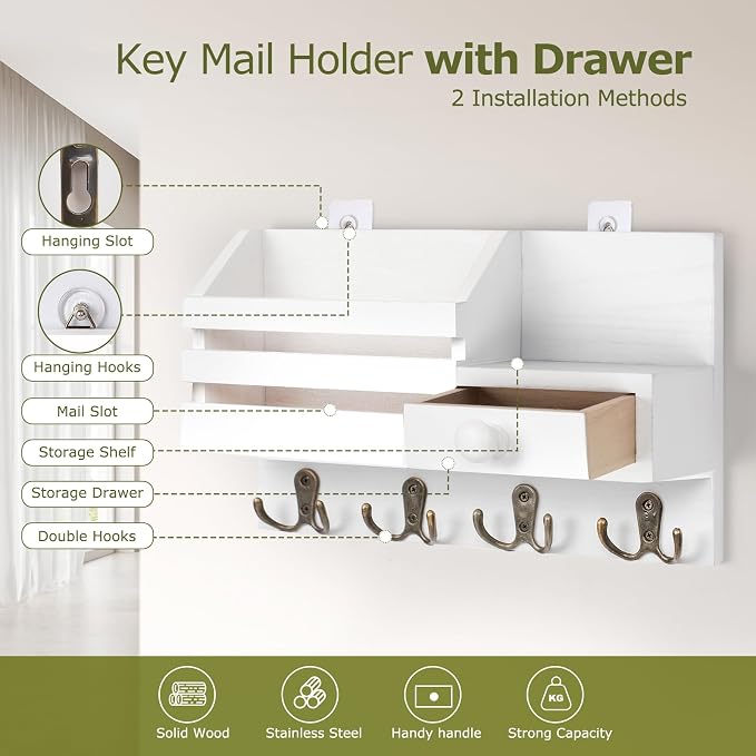 Key Holder Wall Mount, Wooden Key and Mail Organizer, White | 2 Mount Options, Includes 8 Hooks, Fence Mail Slot, Small Drawer and Shelf, for Entryway, Hallway, Doorway, Living Room, RV