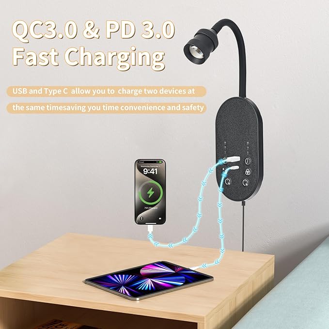 Wall Reading Light, LED Book Lights for Reading at Night, Wall Lamp with 3 Color Temperature & Timers, Adjustable Gooseneck Headboard Plug in Wall Sconce with USB C+A Ports