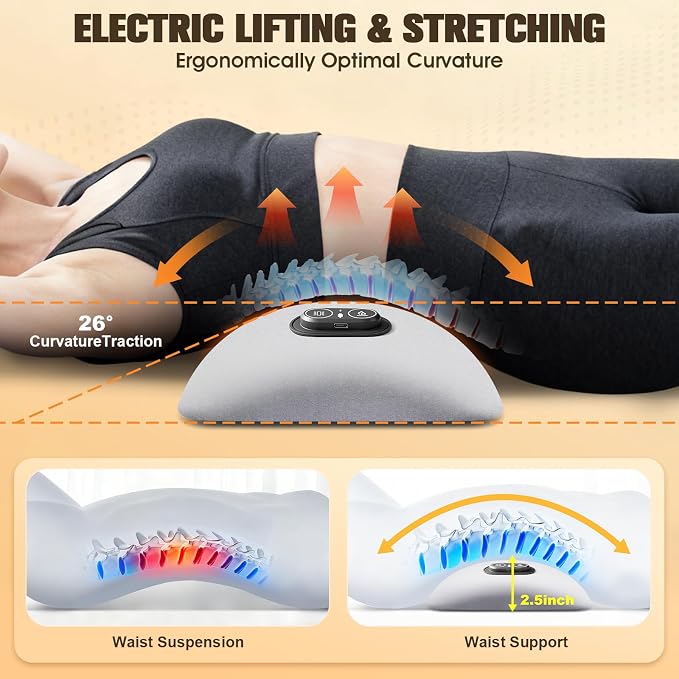 FunBy 3-in-1 Electric Lumbar Support Pillow,Triple Fusion Back Massager with Heat,Vibration&Traction,Back Support Pillow for Bed and Chair,Lumbar Support Pillow for Lower Back Pain Relief-LightGray