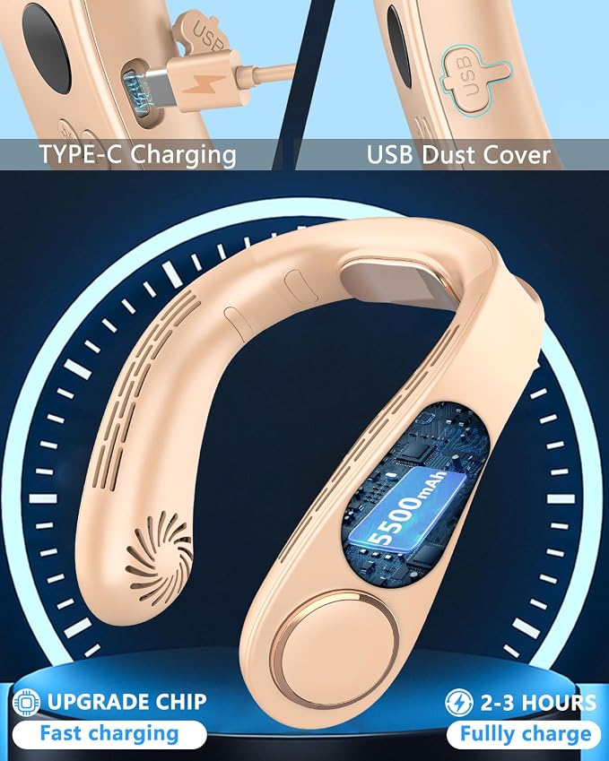 Neck Fan with Semiconductor Cooling Plate, Rechargeable 5500mAh Battery, LED 5 Speeds & 3 Cooling Modes Display, USB Personal Cooling Device Gift for Hot Weather Mother’s Day Father’s Day, Apricot