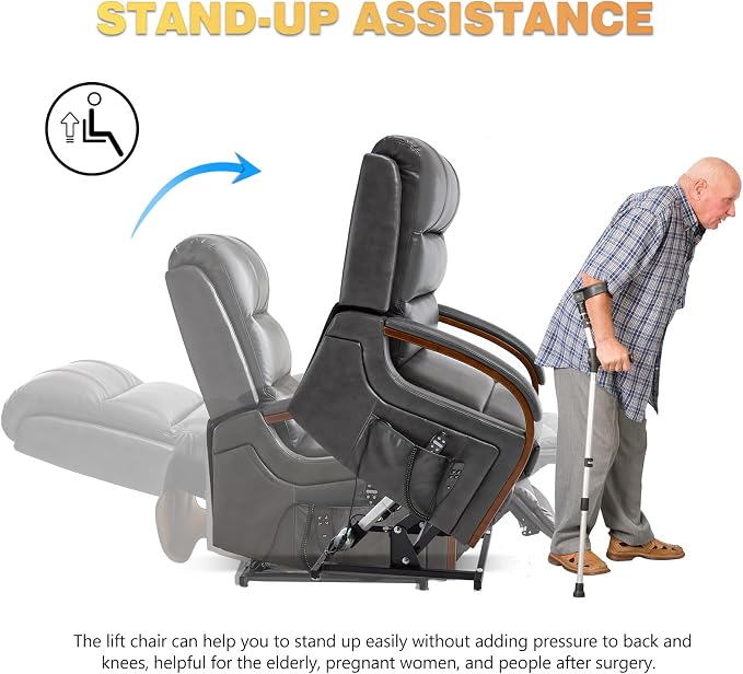 Trustyue Power Lift Recliner Chair, 180° Lay Flat Recliner, Lift Chair with Massage and Heat, Standing Assistance, Infinite Position Reclining, Living Room Chair for Elderly People (Faux Leather Grey)