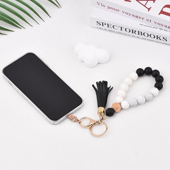 BAOSIWA Silicone Key Ring Bracelet Wristlet Keychain Unique Beaded Bangle Key Chains for Women with Leather Tassel