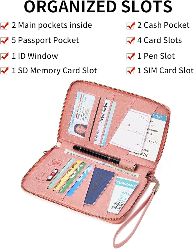 Family Passport Holder Wallet RFID Blocking Zippered Passport Wallet,Women and Men Travel Wallet Ladies Passport Cover