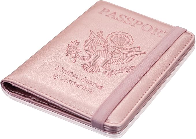 ACdream Passport Holder Cover, Leather Travel Wallet Case, RFID Blocking Document Organizer Protecrtor, with Slots for Credit Cards, Boarding Pass, for Women and Men, Rose Gold