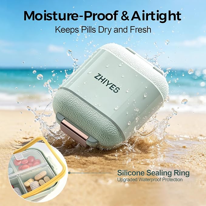 7 Compartments Travel Pill Organizer, Foldable Portable Airtight Daily Pill Box, Compact Pill Case for Purse & Pocket, BPA-Free Medicine Organizer for Vitamins Fish Oil Supplements (Green)