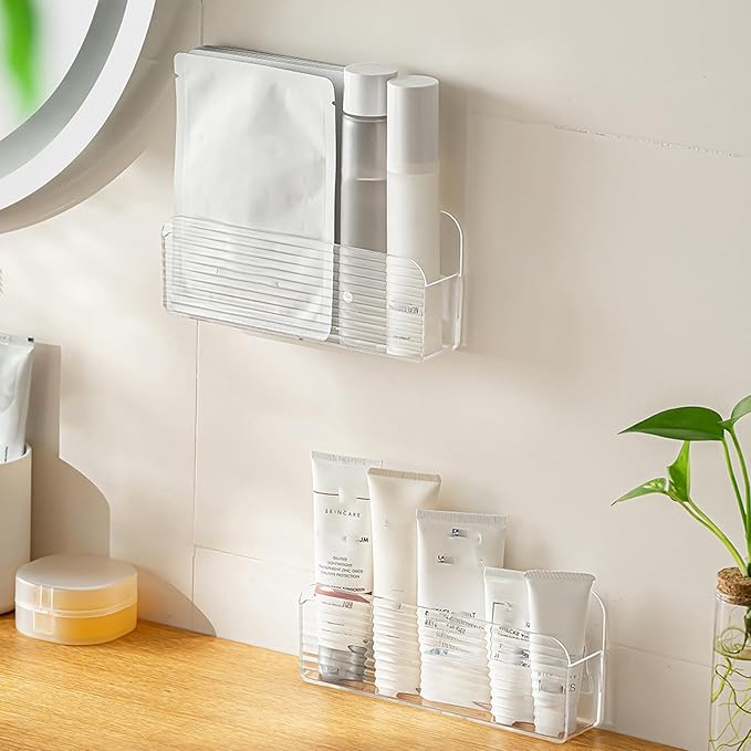 MORNITE Bathroom Medicine Cabinet Organizer Set, Small Narrow Compact Shelves Holder Compartments for Lipstick, Facial Mask, 2 Pcs Trays for Cabinet Wall, Vanity - Clear