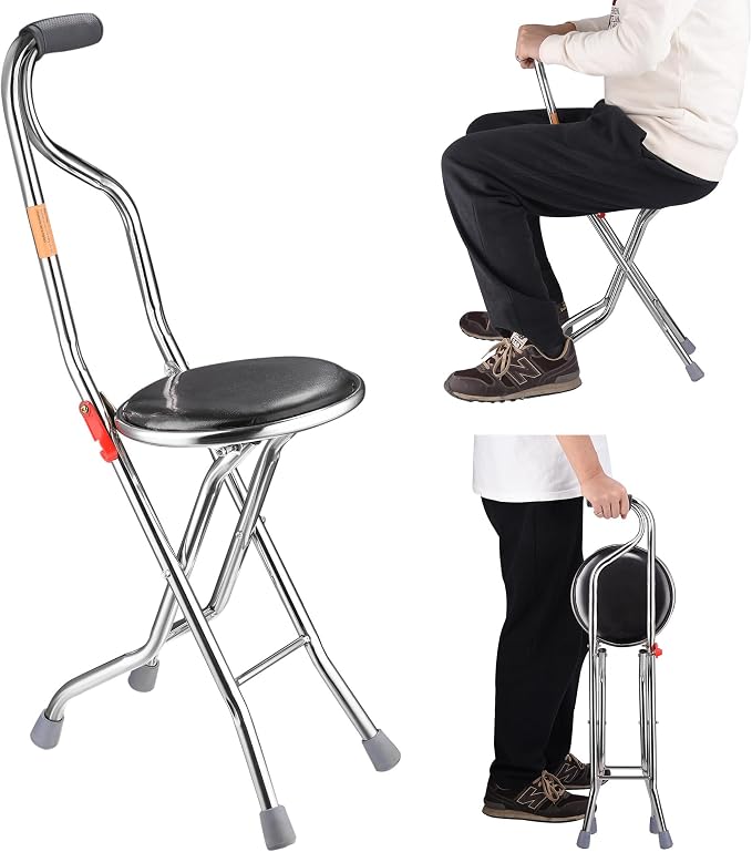 Folding Walking Stick with Seat, Stable Cane Chairs for Adults Eldely, Four Legged Portable Cane Seat Stool for Travel Hiking Waiting