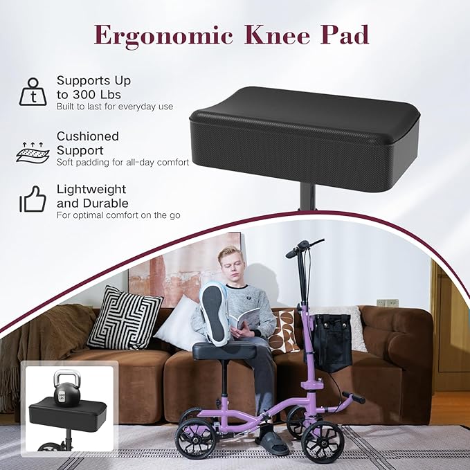 Lightweight Knee Scooter Crutch Alternative, Foldable & Adjustable Knee Scooter for Adults for Foot Surgery, Steerable Knee Walker with Detachable Basket, Includes DIY Stickers-Cream Purple