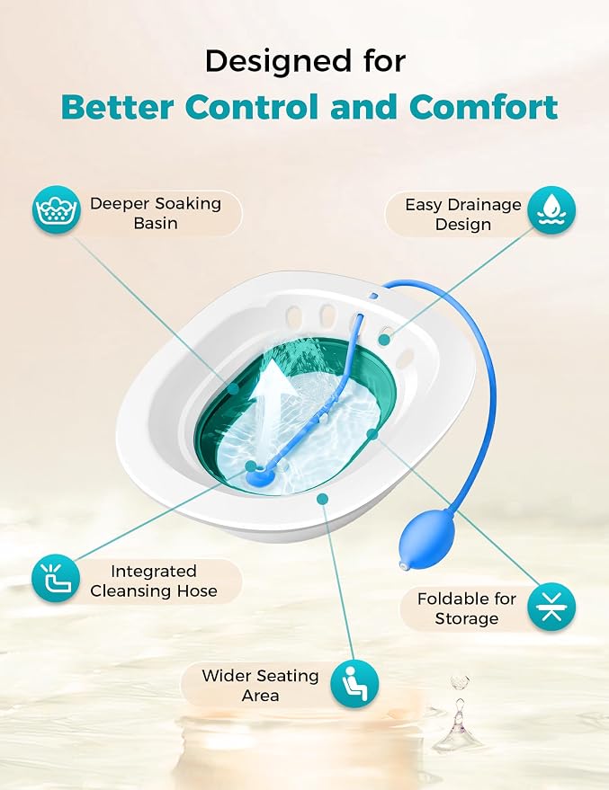 Pochik Sitz Bath for Toilet Seat Hemorrhoids and Postpartum Care, Yoni Steam Seat, Perineal Soaking, Collapsible, Flusher Hose, Drain Holes, Wider Seating Area - Green