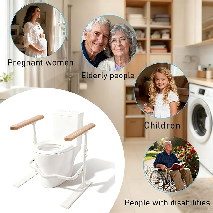 Toilet Safety Rails for Seniors - Toilet Safety Frame with Nighttime Reflective Armrests & Base, 3-Speed Height Adjustment, Toilet Safety Frames & Rails Fits Most Toilets, 3-Hole Depth Adjustment