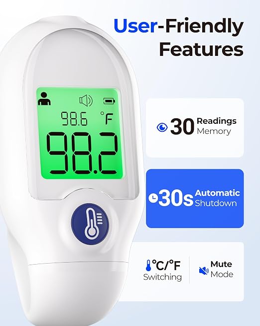 Femometer Forehead Baby Thermometer for Adults & Kids, Portable Min | Non-Contact, 30-Memory Recall, Fever Alarm, 3 Color Backlight, Mute Mode, Fast & Accurate Reading, LCD Display