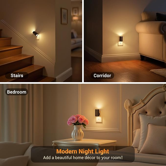 JandCase LED Night Light Plug in, Rotating Night Lights Plug into Wall Warm | Dusk to Dawn Sensor, 2 Level Brightness Adjustable Nightlight, 4 Pack, Warm White 3000K, for Bathroom Bedroom Hallway Stairs