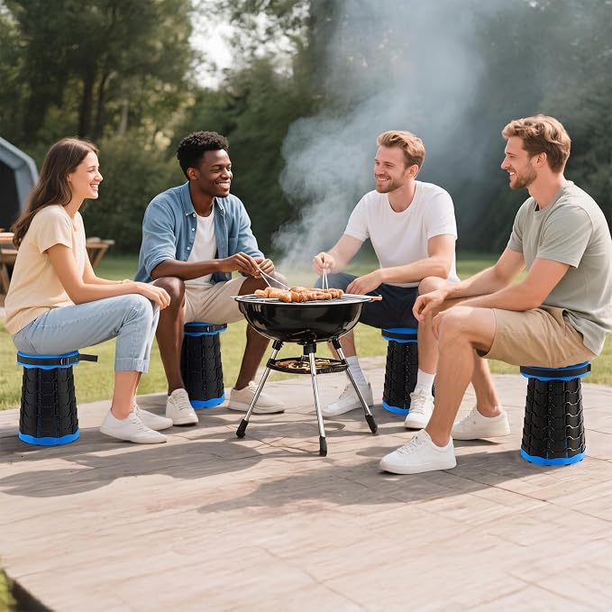 Doseno Collapsible Stool 2 Pack, Portable Telescoping Seat, Light Blue | 2 light blue adjustable stools with twist-lock setup and carry straps for camping, fishing, travel, events, and home