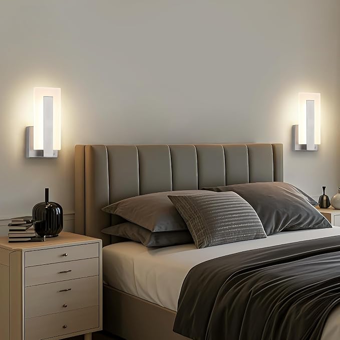 Joosenhouse Modern Wall Sconces Set of 2, 9.76 Inch Nickel Motion Sensor LED Wall Lights, Hardwired Indoor Wall Mount Light for Hallway, Bedroom, Living Room