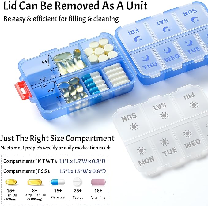 New Foldable & Double Protection Portable Weekly Pill Organizer 2 Times A Day with Etched Labels, AM PM 7 Day Week Medicine Box, Daily Travel Pill Case Dispenser for Vitamin, Supplement - Clear Blue