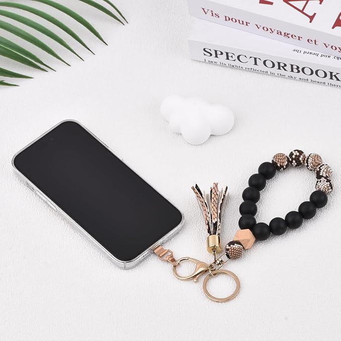 BAOSIWA Silicone Key Ring Bracelet Wristlet Keychain Unique Beaded Bangle Key Chains for Women with Leather Tassel