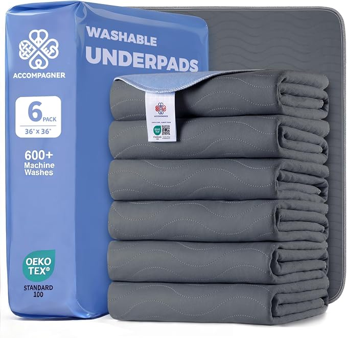 Accompagner Incontinence Bed Pads Washable Waterproof, Ultra-Absorbent Reusable Underpads for Diaper Changing, Nursing, Bedridden, Adults, Seniors, Kids and Dogs (Dark Gray, 36"x36"(Pack of 6))