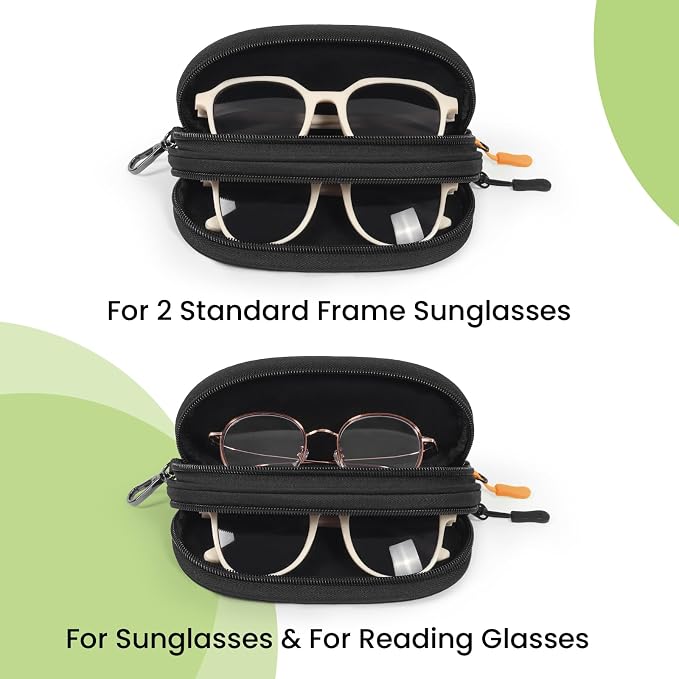 Double Eyeglasses Case Soft Portable Zipper Sunglasses Pouch with Keychain Clip for Men Women