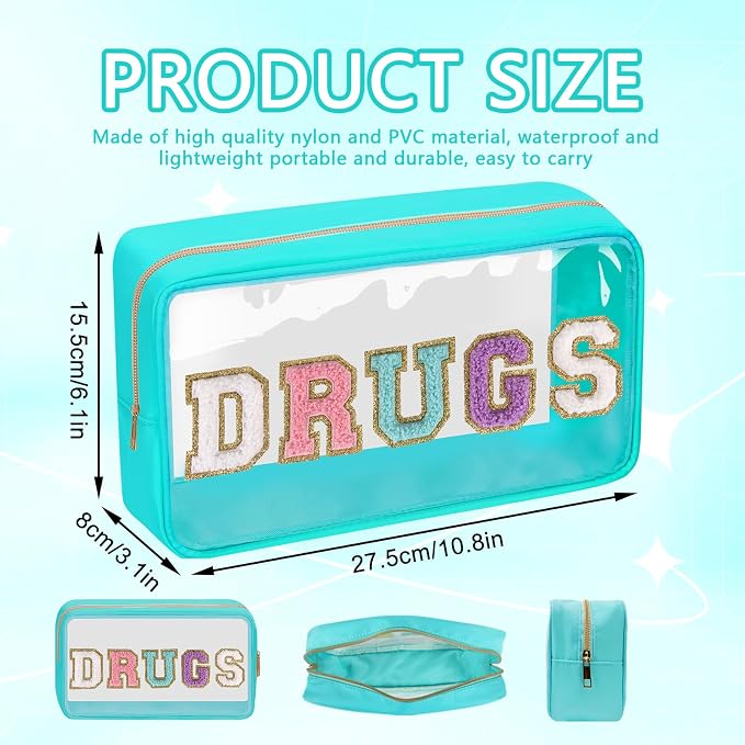 Clear Letter Patch Medicine Bag Drugs Pouch with Zipper, Travel Portable Cosmetic Makeup Bag for Women Girls, Waterproof Nylon PVC Toiletry Meds Storage Case Chenille Letter Stadium Bag(Green, DRUGS)