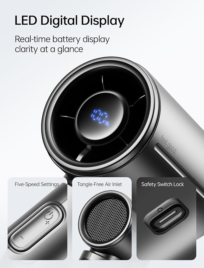 JISULIFE Handheld Fan Life9S - Sleek Chrome: Turbo Power, 22 Hours Cooling | LED Display, 5000mAh, 5-Speeds, Mini Portable Fan for Travel, Cruise, Concerts, Trendy Gifts for Women Men -Black