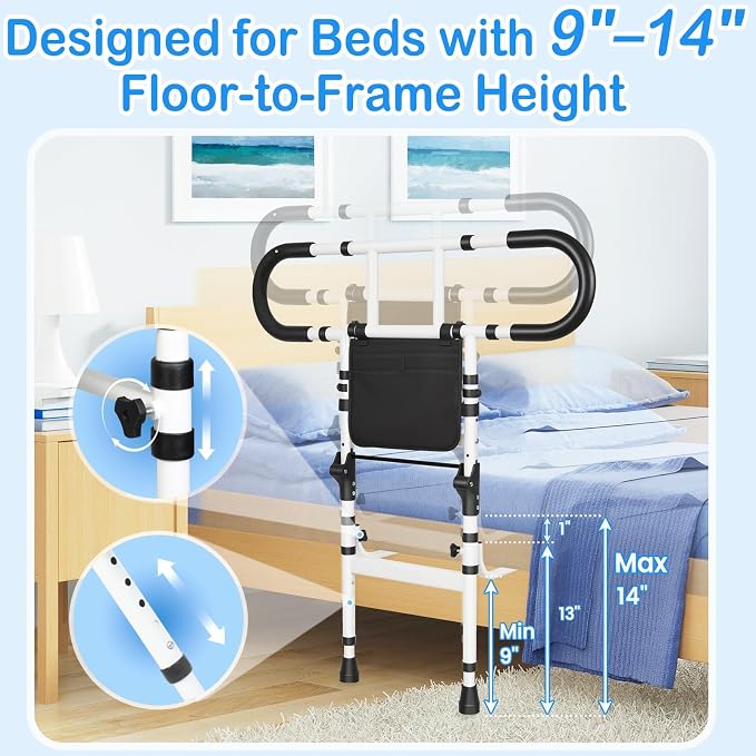 Bed Rails for Elderly Adults Safety, Bed Cane for Seniors, 300 Lbs | Adjustable Height Grab Bar Handrails with 2 Ergonomic Handles & Storage Pocket, 180° Foldable Bed Rails for Seniors