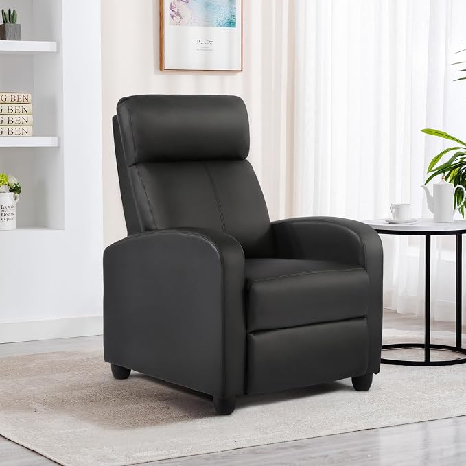 BestMassage Recliner Chair No Massage Function | Leather Black | with Lumbar Support, Adjustable Push Back, Wide Arm & Footrests, Padded Seat | Easy Assembly | for Living Room, Home Theatre