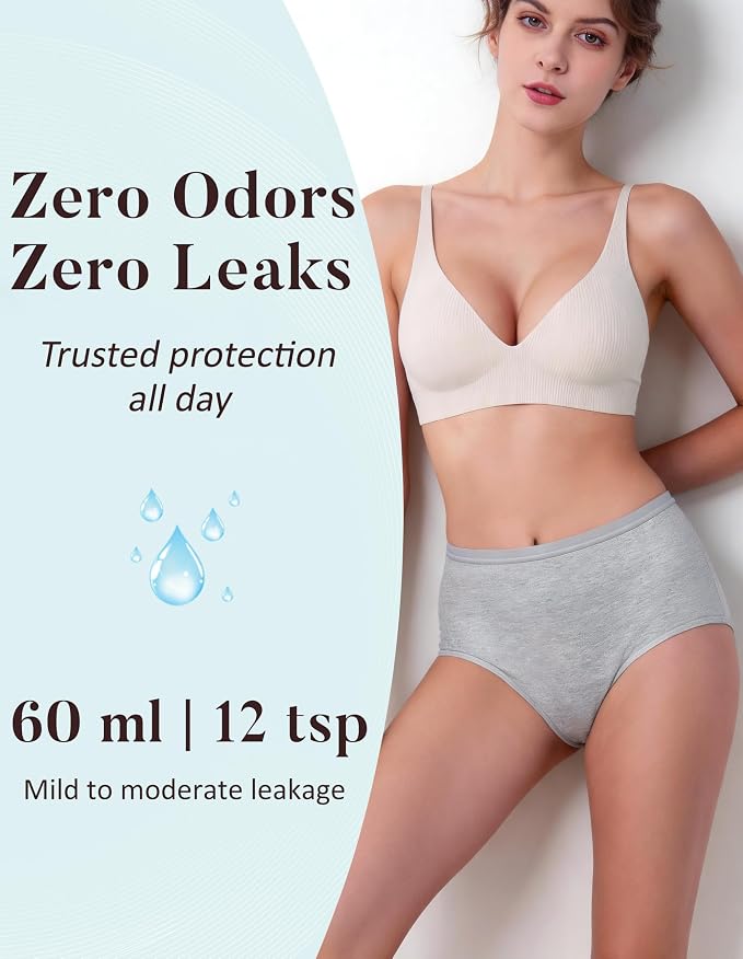 AIRCUTE Washable Urinary Incontinence Protective Underwear for Women Leak Proof Absorbent Reusable Panties 60ML 1 Pack (Gray, X-Large)