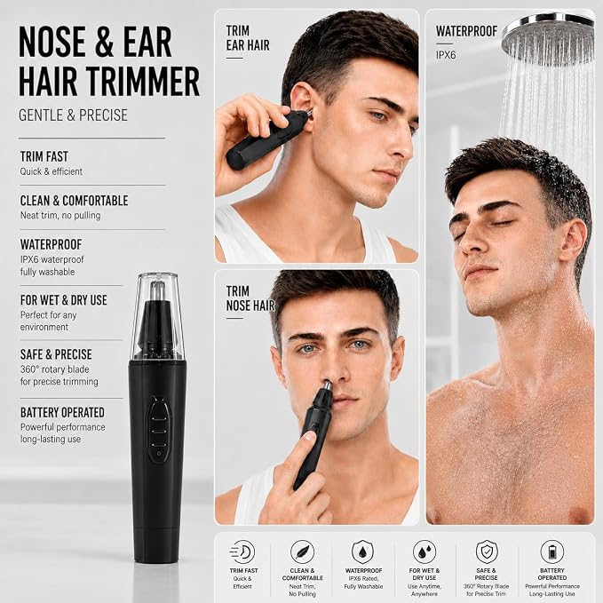 Oogway Master® Nose Hair Trimmers for Men, IPX7 Waterproof Ear and Nose Hair Cutter Remove Clipper, Dual Edge Blades for Easy Cleansing, Portable Electric Eyebrow & Facial Grooming Kit Painless