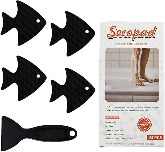 Bathtub Stickers Non-Slip, 24 PCS Safety Shower Treads Adhesive Appliques with Premium Scraper (Black)