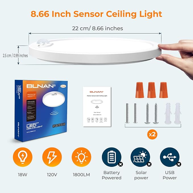 Motion Sensor Ceiling Light Wired, 8.7 Inch 3000K 4000K 5000K Selectable LED Flush Mount Light Fixture, Motion Activated Light with Timer for Hallway Stair Walk-in Closet, Non-Dimmable 2 Pack