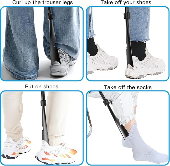 Shoe Horn Long Handle, 16.9'' - 37.4'' Telescopic Metal Shoe Horn with Trouser Hook and Sock Removal Aid, Adjustable Long Shoehorn for Seniors Men Women Kids