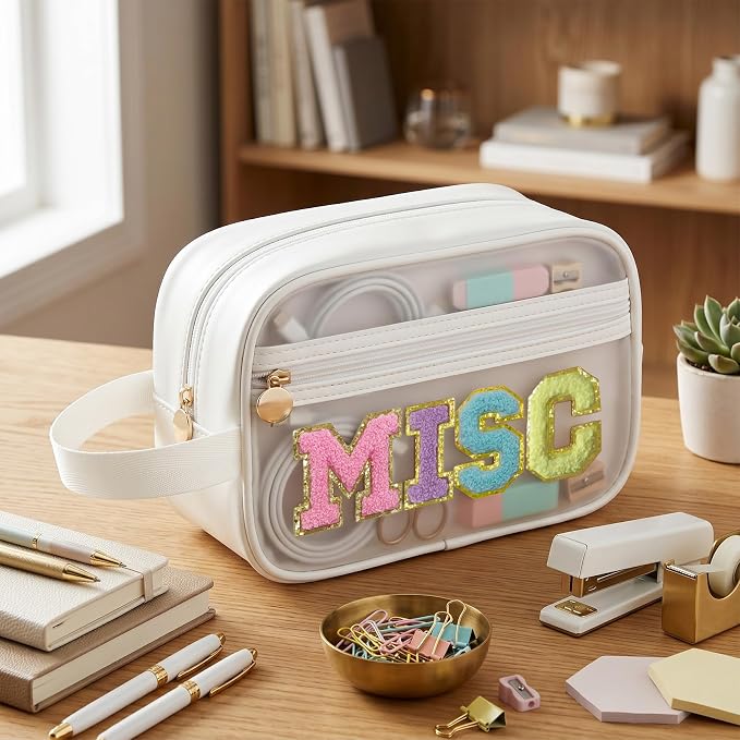 COSHAYSOO Clear MISC Makeup Bag Miscellaneous Stuff Organizer, Small Preppy Chenille Letter Patch Cosmetic Zipper Pouch, Toiletry Make Up Travel Purse Gifts for Teen Girls Women Daughter Sister