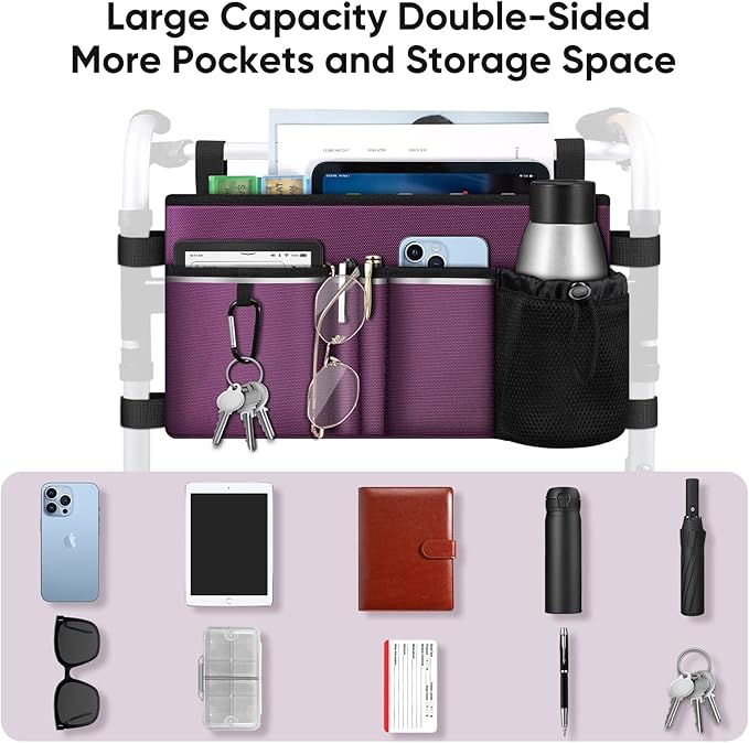 FINPAC Large Walker Tote Bag with Cup Holder, Folding Walker Attachment Hands-Free Storage Basket Mobility Aid Accessory Pouch for Elderly, Senior, Purple