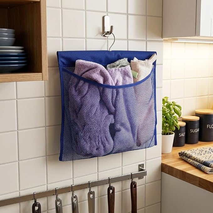 ALYER Hanging Mesh Shower Pockets for 34oz/1000ml Shampoo and Conditioner,Colorful Bath Toy organizer,Hanging Tandem Type Closet Accessories Storage Bag,Blue