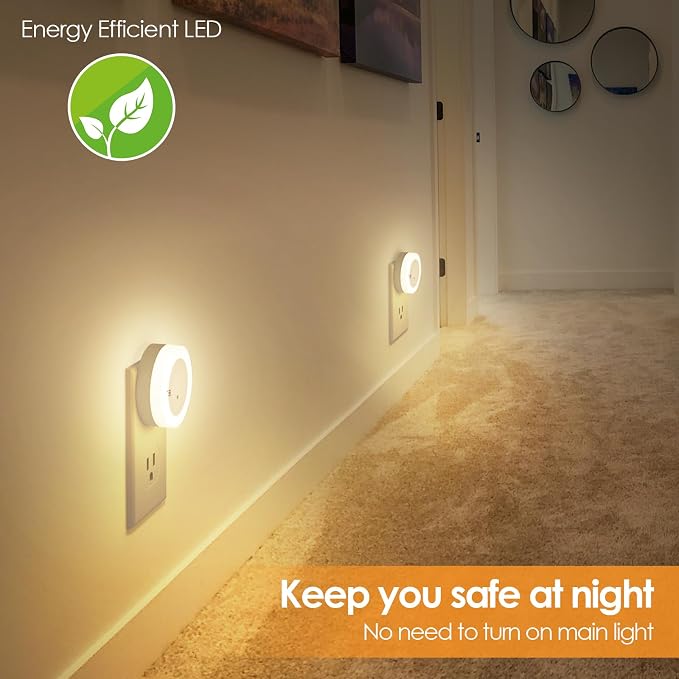 FOLKSMATE LED Night Lights Plug in, Dimmable Nightlight Plug Into Wall with Light Sensor, Soft White Adjustable for Adults, Bedroom, Bathroom, 4-Pack
