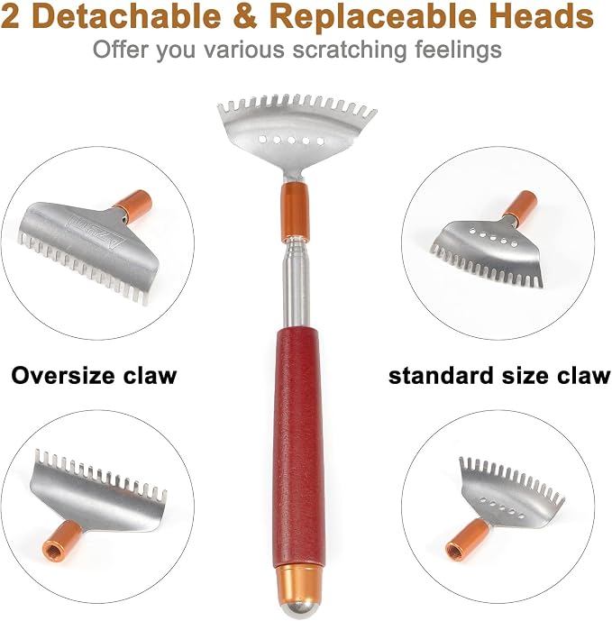 Back Scratcher with 2Pcs Wide Detachable Heads, Azymi Telescopic Back Scratcher for Women Men, 304 Stainless Steel Claws/Roller Ball/Wooden Handle, Long Big Heavy Duty Head Body Scratcher Massager
