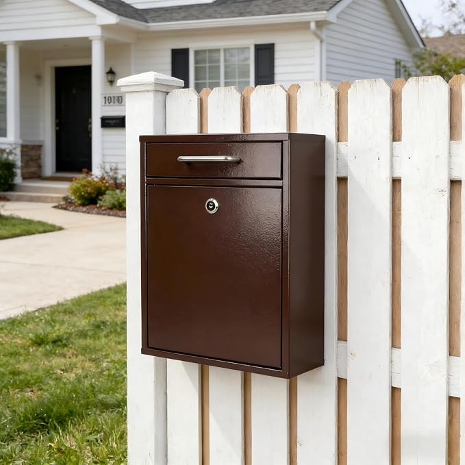 KYODOLED Locking Wall Mount Mailbox for Outside, Drop Box, X-Large, Bronze | Heavy-Duty Steel, Outdoor Mail Box with Key Lock, Large Capacity, Home, Office & Apartment Use, 16.2H × 11.2L × 4.6W In