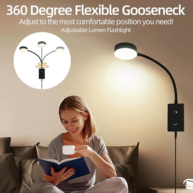 LED Wall Mounted Reading Light for Bed 2Pack, Flexible Gooseneck Book Light for Wall Bedside Lamp with USB-A/C Output,Touch Control 5 Dimmable Headboard Bed Lights