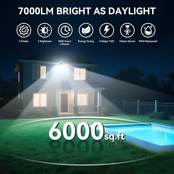 LED Security Lights Motion Sensor Outdoor Lights, 6500K Daylight, IP65 Waterproof, Dusk to Dawn, 3-Head Motion Detected Flood Light for Garage, Yard, Porch