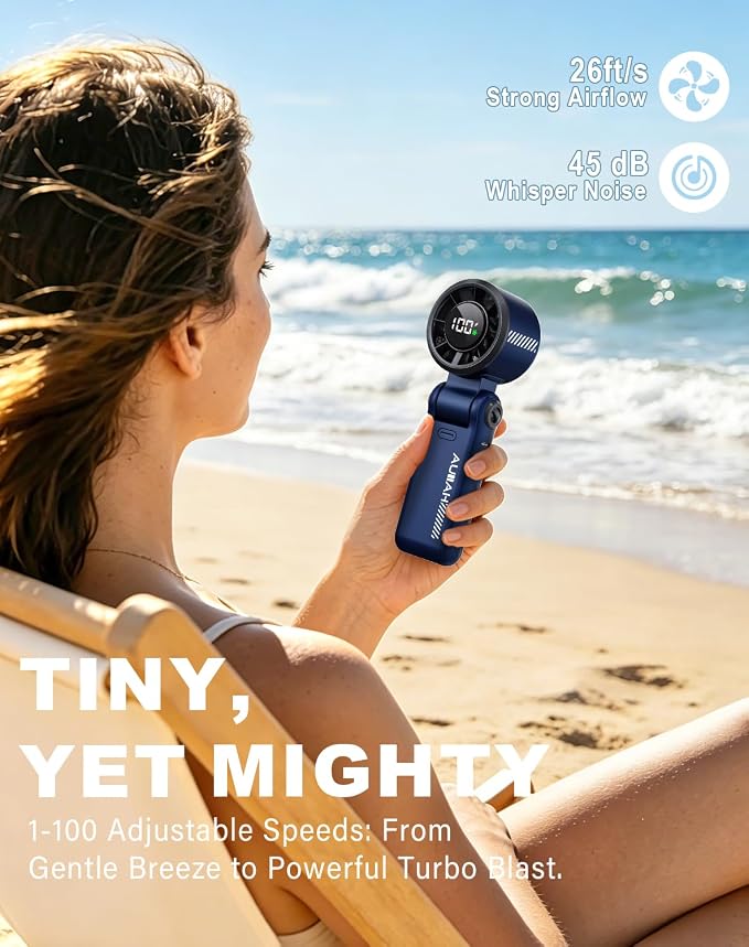 Portable Handheld Turbo Fan - 5 Speed Mini Personal Fan with Strong Airflow, Foldable 3 in 1 Rechargeable Battery Operated Trave Essentials Hand Fans for Indoor/Outdoor Use, Blue