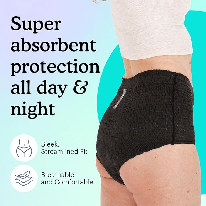 Because Premium Maximum Absorbency Adult Incontinence and Postpartum Bladder Leak Underwear for Women, Heavy Absorbency, Disposable, Black, Large, 80 Count (4 Packs of 20)