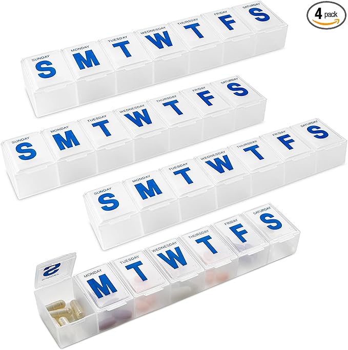Weekly Pill Organizer - 7-Day Pill Planner Extra Large Pill Planner and Daily Pill Organizer and Medicine Reminder, Monday to Sunday Compartments - BPA Free - Travel Pill Box Case (Pack of 4)