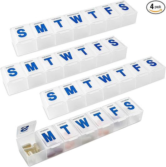 Weekly Pill Organizer - 7-Day Pill Planner Extra Large Pill Planner and Daily Pill Organizer and Medicine Reminder, Monday to Sunday Compartments - BPA Free - Travel Pill Box Case (Pack of 4)