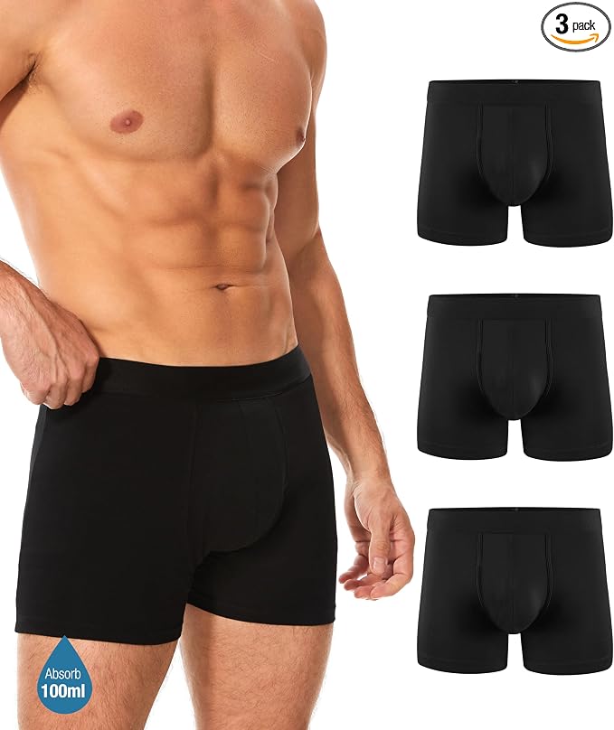 YESWEL Men's Incontinence Underwear, Leak Proof Washable Reusable Cotton Boxer Brief, Heavy Flow Bladder Leak 3 Pack (Black, Medium)