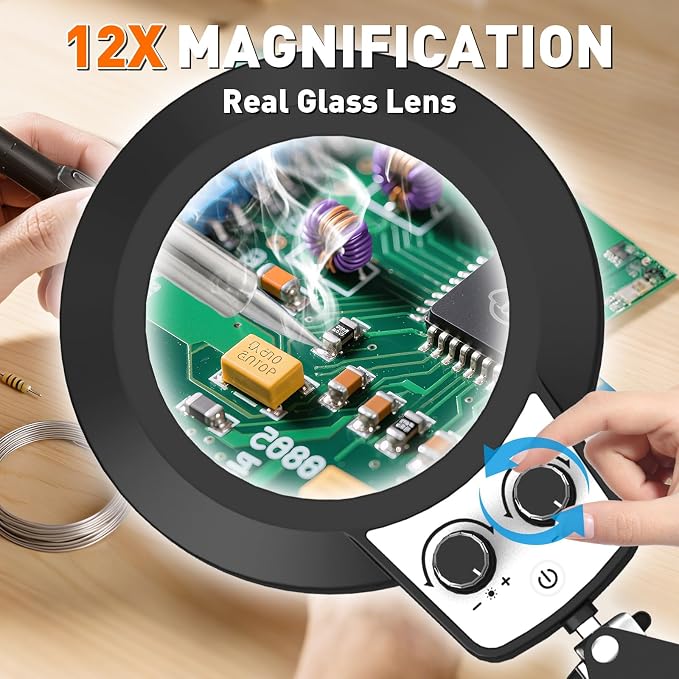 KIRKAS 12X Magnifying Glass with Light and Stand, Extra-Long Arm Knob | Magnifying Lamp for Workbench Craft, Sewing, LED Lighted Magnifier Real Glass Lens Stepless Dimming and Color (35in Clamp)