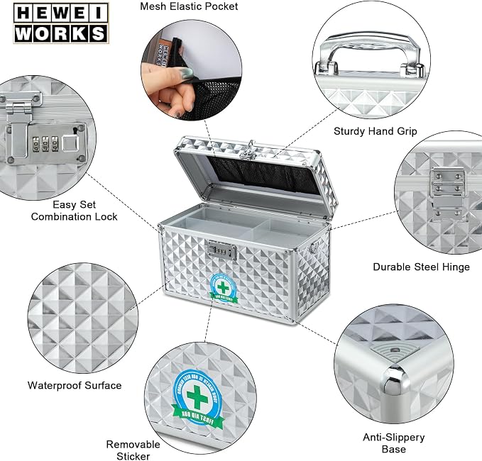 Storage Lock Box with Combination Lock, Lockable Medicine Storage Box, Empty First Aid Box, Security Lock Box, Multipurpose Locking Box for Home and Outdoor Use (Silver, Large)