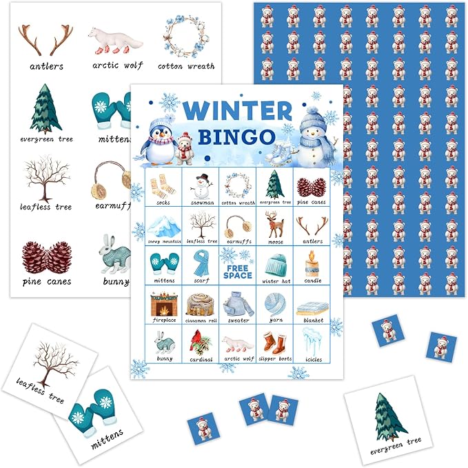Christmas Bingo Game - Winter Bingo Card - 24 Players Bingo Game Set Indoor Outdoor Activities - Christmas, New Year Party Favors Supplies -A11