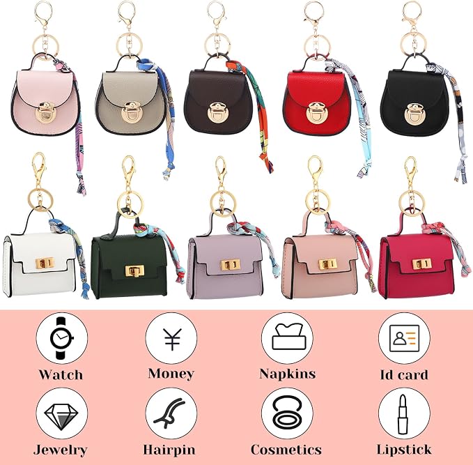 Liliaafar 10 Pcs Mini Backpack Keychain Mini Coin Purses for Women Cute PU Leather Makeup Bag with Keychain, Multi Pocket Card Holder Cable Organizer Giftable Zipper Pouch (2 Style)