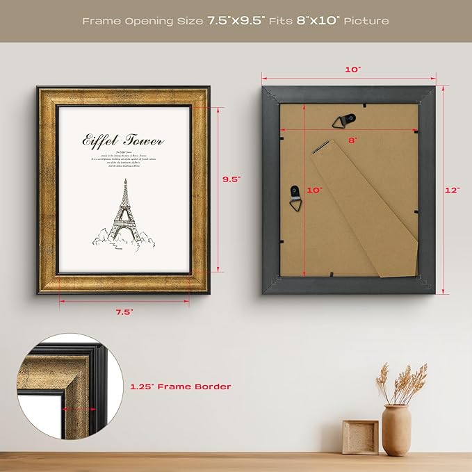 Golden State Art, 8x10 Antique Gold with Black Trim Color Frame - Easel Stand, Sawtooth Hanger - Landscape, Portrait Display - Great for Postcards, Photographs